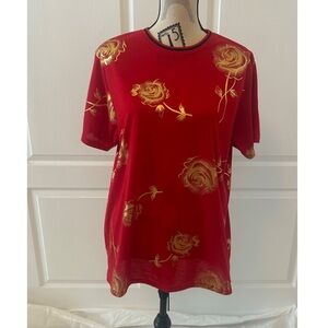 Red T-Shirt with Gold Floral Design